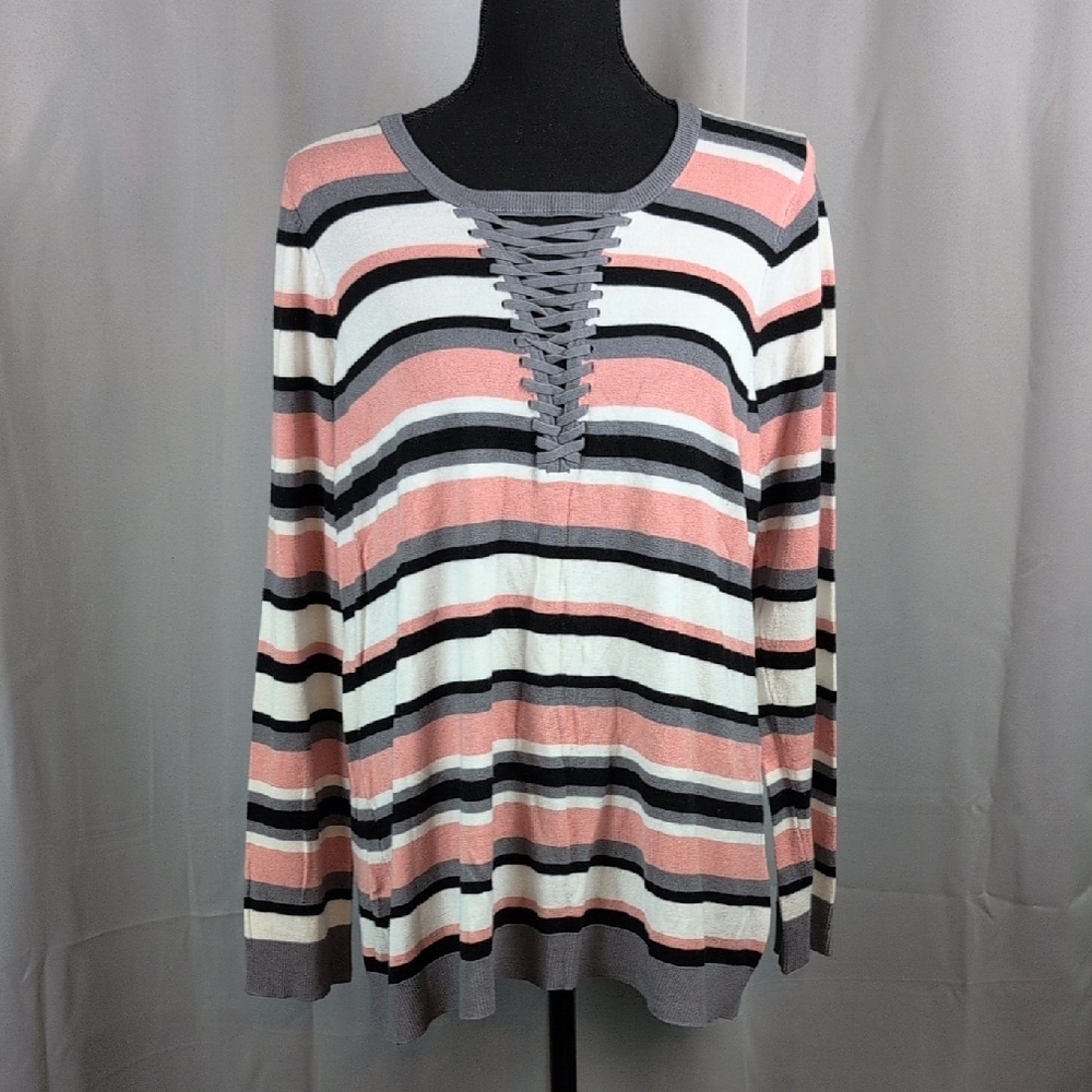Torrid Lace-Up Striped Sweatshirt - Pink, White, Black‎